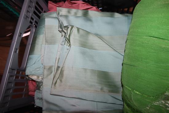 A 1930s length of lime green silk, another length of crepe de shine peach satin, etc